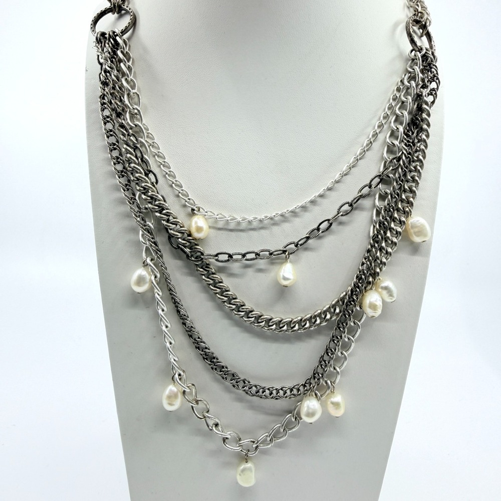 Vintage Multi Strand Silver Tone Chain Statement Necklace Baroque Pearl Charms